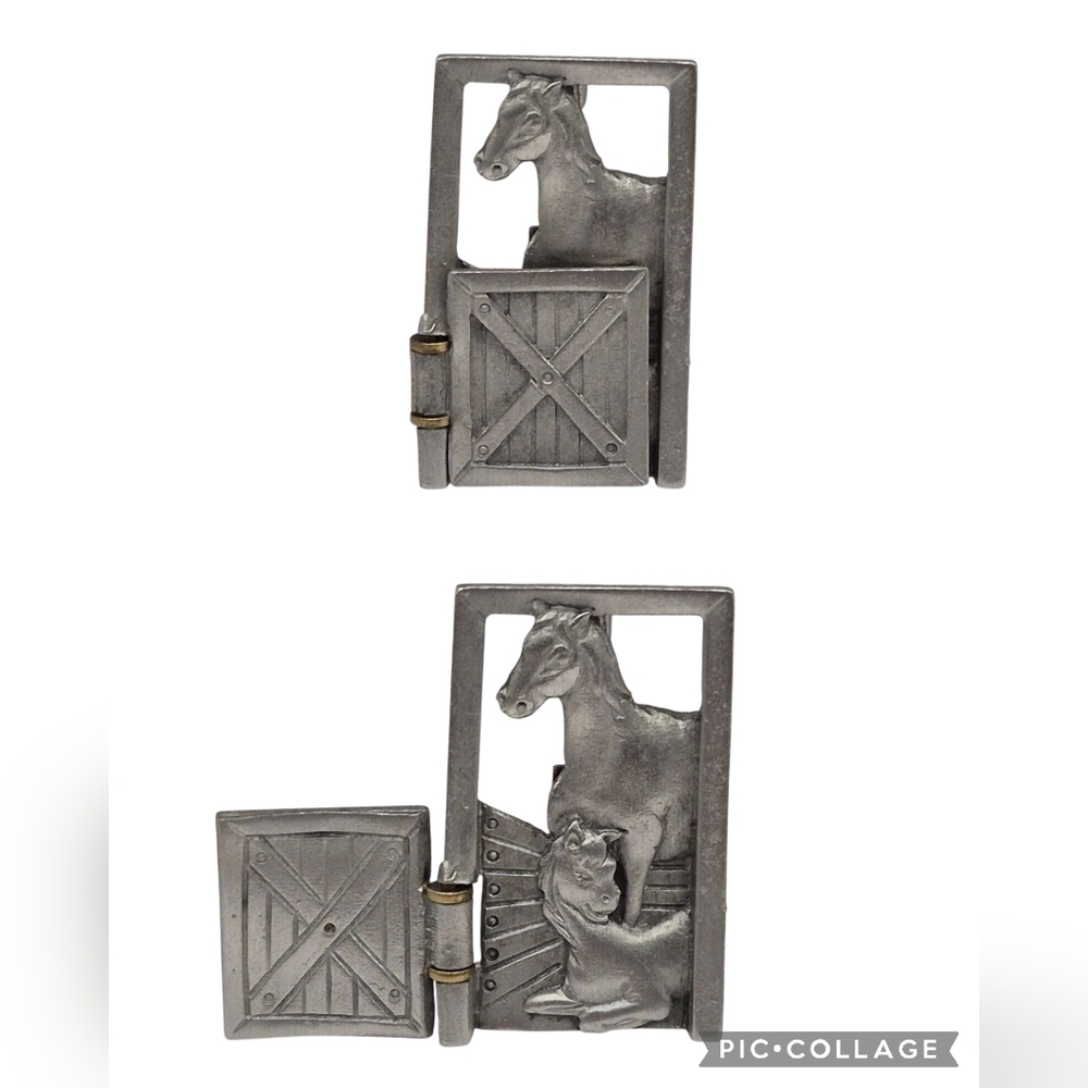 Vintage JJ Jonette Pewter Horse Foal Brooch Moveable Door